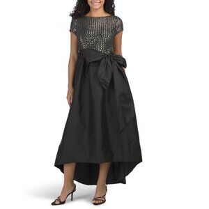 ADRIANNA PAPELL Black/gunmetal Short Sleeve Sequin Top Cocktail Maxi Dress